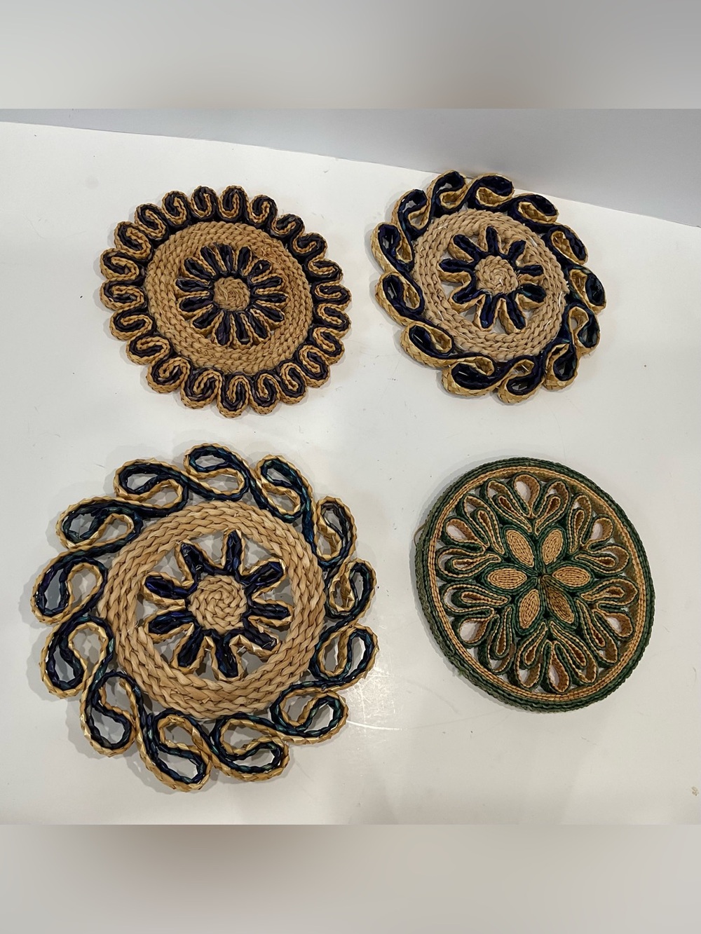 Handwoven Natural and Navy Round TRIVETS or WALL HANGINGS - Set of 4